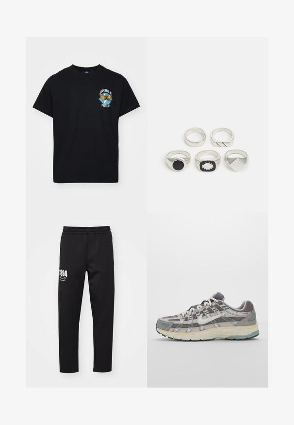 Melnā kokvilnas T-kreklā ar grafikā attēlotu ērglis, zili akcenti un balti burti, kas uzrakstīti "SUPERBIA IN PROELIO" uz priekšpuses.; Melni sporta bikses ar elastīgu jostu. Ar baltu drukātu tekstu "1894" un "House Of." Izgatavotas no gludas, stiepjamas auduma.; Pelēkie sporta apavi ar tīkla un zamša augšdaļu, baltiem akcentiem, mīkstinātu zoli un izcilu dizainu ar atstarotājiem.; Pieci sudraba gredzeni: viens ar melnu apaļu detaļu, viens ar baltu un melnu ģeometrisku rakstu, un citi ar dažādām formām un apdarēm.