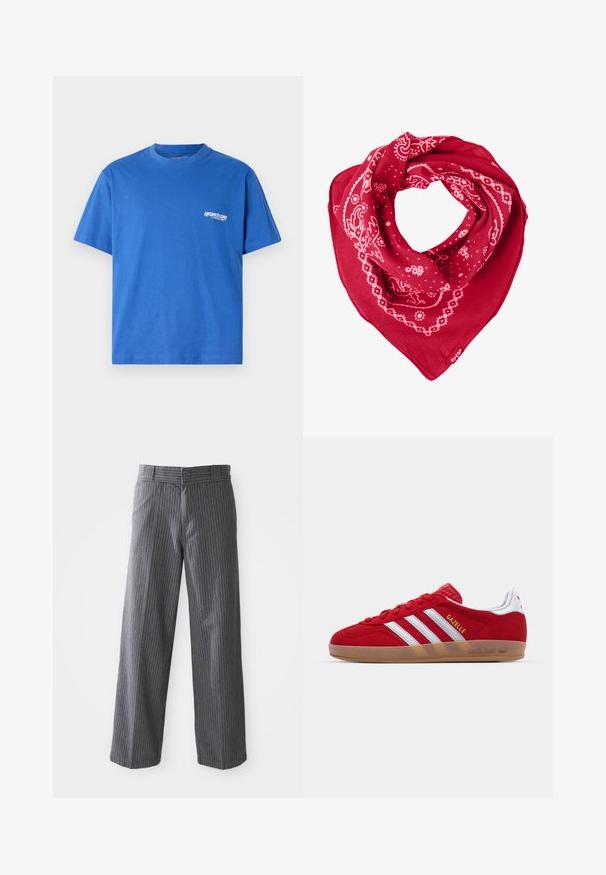 Blue cotton t-shirt with short sleeves, crew neckline, and small white logo on the left chest. Smooth texture, standard fit.; Gray pinstripe wide-leg trousers with belt loops, flat front, and straight hems, shown against a white background.; Red suede sneaker with white three-stripe design and gold "Gazelle" text. Features a rubber gum sole and textured heel.; Red bandana scarf made of cotton, featuring white paisley and dot patterns, with a triangular shape and a tag in the lower corner.