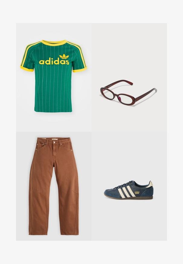 Zaļš kokvilnas T-krekls ar vertikālām baltām svītrām, dzelteniem akcentiem un "adidas" logotipu dzeltenā fontā. Īsas piedurknes un apaļas kakla izgriezuma dizains.; Rūsu brūnas taisnas kājas džinsi ar priekšējām un aizmugurējām kabatām, metāla kniedēm, pogu aizdari un jostas cilpām, izlikti uz balta fona.; Tumši zils zamšādas sporta apavi ar krēmkrāsas svītrām, teksturētu pirkstu zonu, zelta "adidas JAPAN" logo un brūnu gumijas zoli. Klasisks zema augstuma dizains.; Ovālas formas sarkanās saulesbrilles ar caurspīdīgām lēcām un gludām brūnām rāmī. Dizainā ir nemanāmas līknes un minimāls aparatūras daudzums.