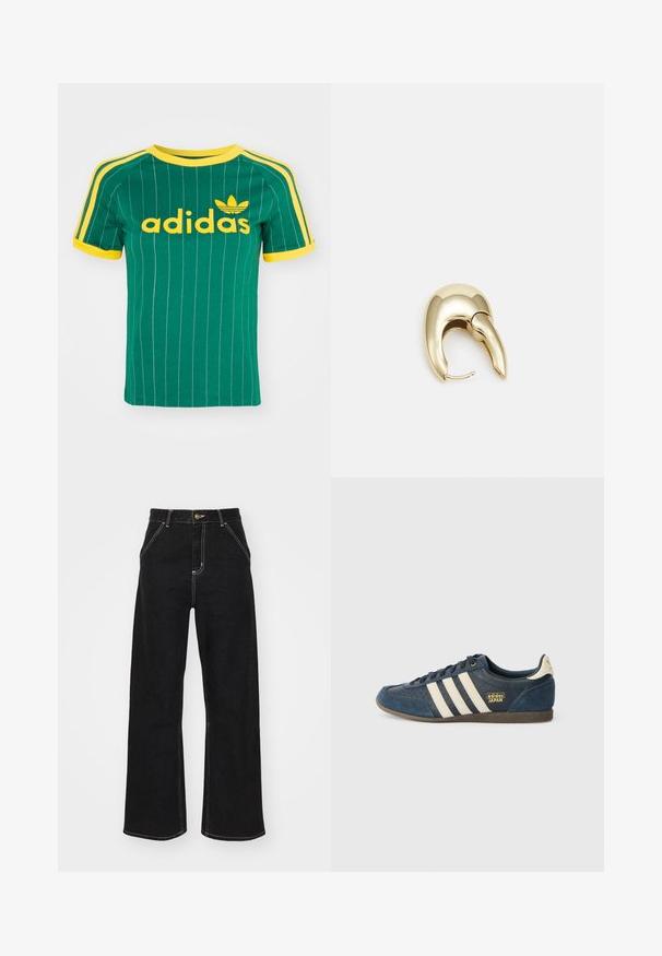 Zaļš kokvilnas T-krekls ar vertikālām baltām svītrām, dzelteniem akcentiem un "adidas" logotipu dzeltenā fontā. Īsas piedurknes un apaļas kakla izgriezuma dizains.; Melnas platajās biksēs, kas izgatavotas no denima, ar kontrastējošas baltas šuves un priekšējo pogu aizdari, kā arī divām slīpajām priekšējām kabatām.; Tumši zils zamšādas sporta apavi ar krēmkrāsas svītrām, teksturētu pirkstu zonu, zelta "adidas JAPAN" logo un brūnu gumijas zoli. Klasisks zema augstuma dizains.; Zeltīti metāla auskari ar gludu, izliekta dizaina. Ar atšķirīgu smailu formu, pulētu virsmu un eņģu aizdari.
