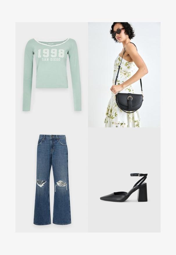 Mintgrønn langermet crop top med off-shoulder utringning og hvit trykt tekst "1998 SAN DIEGO" over forsiden. Myk stoff.; Denim bredde ben-jeans i medium blå, med slitte knær, råkantede kanter og en klassisk fem-lomme design med metallknappelukking.; Svart lær pumps med spiss tå, ankelrem og kraftig hæl. Flat tekstur, strømlinjeformet design og minimalisme.; Svart lærveske med en buet form, avtagbar stropp og gullbeslag. Vesken har et klaff med spenne-detall.