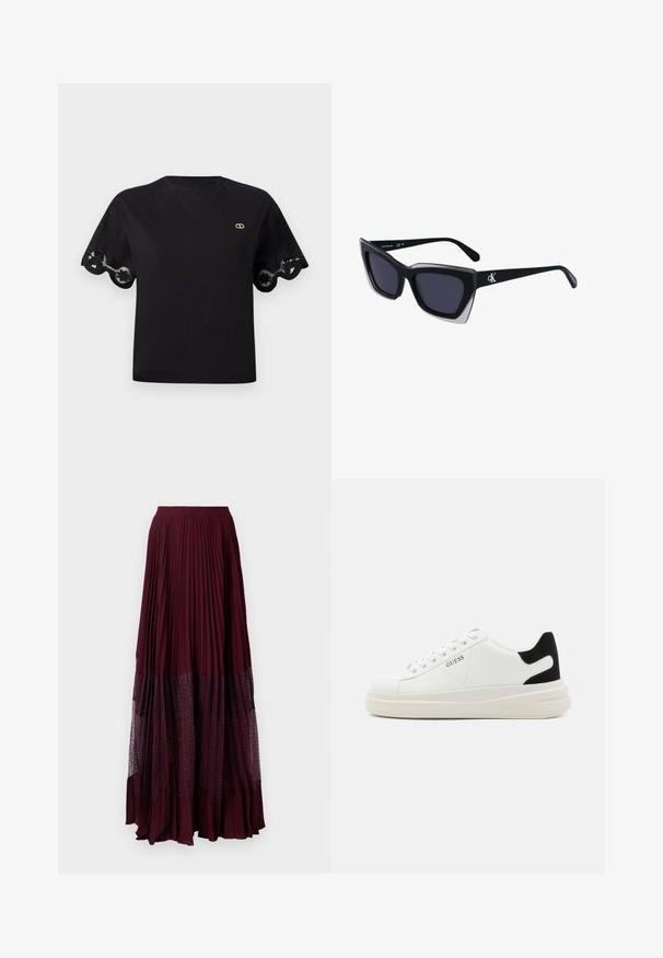 Čierne bavlnené tričko s krátkymi rozšírenými rukávmi, zdobené čipkovým lemom s vlnkovaným okrajom. Malé zlaté logo na hrudi. Jednoduchý, klasický dizajn.; Bordová plisovaná maxi sukňa s priesvitným bodkovaným spodkom. Textúra látky je hladká, s elastickým pásom pre pohodlie.; Biele kožené tenisky s hrubou bielou podrážkou, čiernym zamekom na päte a vyrazeným logom na boku. Šnurovací dizajn so šiestimi očkami.; Čierne oversized slnečné okuliare s geometrickým tvarom, s tmavými šošovkami a kontrastným šedým detailom na ráme. Logo na mostíku.