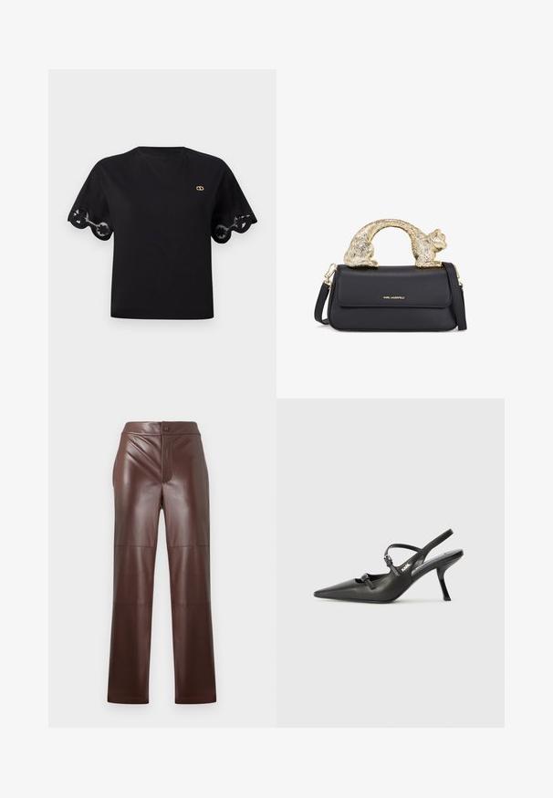 Czarna bawełniana koszulka z krótkimi, rozkloszowanymi rękawami, zdobiona koronkowym wykończeniem w kształcie falbanki. Małe, złote logo na klatce piersiowej. Prosty, klasyczny design.; Brązowe spodnie z sztucznej skóry o prostym kroju i gładkiej fakturze. Posiadają zamek błyskawiczny z przodu oraz zapięcie na guzik, dopełnione tonującym przeszyciem.; Czarne skórzane sandały na obcasie typu slingback z wydłużonym noskiem, smukłym obcasem i ozdobnym zapięciem na cholewce. Gładka tekstura i elegancka forma.; Czarna skórzana torebka z złotym uchwytem w kształcie kota, posiadająca przednią klapkę, regulowany pasek oraz detal z logo na dolnej części przodu.