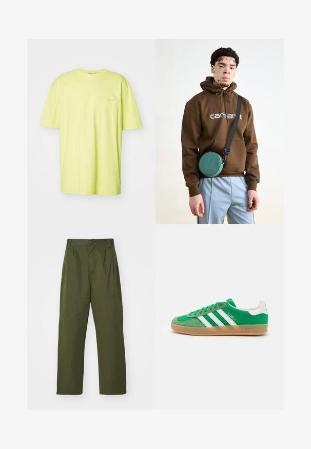 T-shirt à manches courtes en coton jaune vif, avec un col rond et un logo subtil sur la poitrine gauche. Texture lisse, coupe décontractée.; Pantalons verts olive, taille haute avec un design à jambe droite. Fabriqués dans un tissu léger, avec des plis à l'avant et une fermeture à bouton.; Sneakers en daim vert avec des accents en cuir blanc, arborant trois rayures blanches et une semelle en caoutchouc couleur gomme. "Gazelle" imprimé en doré.; Sweat-shirt à capuche marron avec un logo blanc, associé à un pantalon bleu clair. Un sac circulaire vert pend d'une sangle noire portée en travers du corps.