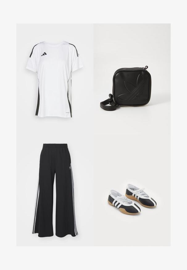 Camiseta deportiva blanca con acentos negros, con mangas cortas, escote redondo y un diseño aerodinámico. Incluye la marca "AEROREADY".; Pantalones de chándal negros de pierna ancha con una cinturilla elástica, que presentan franjas blancas a los lados y un logo bordado en el muslo izquierdo.; Zapatillas deportivas en blanco y negro con un diseño elegante, suela de goma, cierre de cordones y tres franjas blancas en los lados.; Bolso cruzado negro hecho de material sintético texturizado. Presenta un diseño de logo en relieve y correa ajustable. Cierre con cremallera.