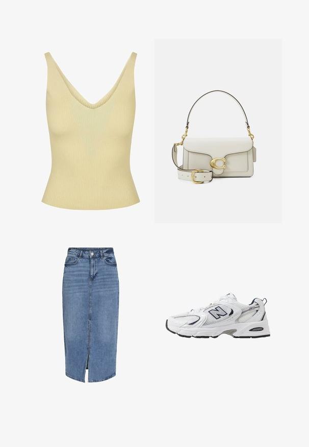 Geribbelde tanktop in lichtgeel met een V-hals, met een getailleerd silhouet en een zachte textuur. Gewone schouderbanden, geen zichtbare hardware.; Lichtblauwe denim midi rok met een voorflap, vijf zakken, riemlussen en een knoopsluiting in de taille. Klassieke pasvorm en textuur.; Witte sport schoen met mesh bovenkant, marineblauwe accenten en een gehoorzaamde zool. Bevat het "N" logo, veters en een gestructureerde detail aan de zijkant.; Witte leren handtas met gouden beslag, voorzien van een flapsluiting en een afneembare, verstelbare band. Ronde metalen accenten in het midden.