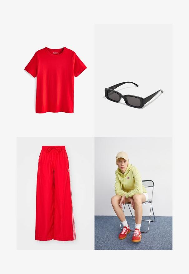 Rdeča bombažna majica s krožnim izrezom in kratkimi rokavi. Ima gladko teksturo in ni vidnih vzorcev ali okrasitev.; Rdeče hlače širokih nogavic iz lahkotnega materiala, s belimi stranskimi črtami in elastičnim pasom z vrvico.; Svjetlozeleni dukserica s logotipom, bijele kratke hlače, crvene patike s bijelim prugama, sjedi na krom stolici naslonjenoj na neutralnu pozadinu.; Črne pravokotne sončna očala z temnimi lečami, sijajna površina, široka ročaja in masiven okvir. Vgravirano ime blagovne znamke na eni ročaji.