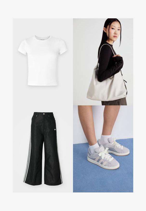 Balta trumpa rankovėmis marškinėliai, pagaminti iš švelnios medžiagos, su apvalia iškirpte ir lygiu tekstūru. Paprastas ir minimalistiškas stilius be raštų.; Juodos plačios džinsinės kelnės su trimis baltais juostelėmis kiekvienoje pusėje ir mažu baltu logotipu. Yra priekiniai kišenės ir sagčių užsegimas.; Pilki zomšiniai sportbačiai su baltais raišteliais ir guminiais padais, puikuojantys trimis įstrižainėmis juostelėmis šone ir logotipo etikete ant liežuvio.; Bežinė rankinė, pagaminta iš minkštos medžiagos, turinti laisvą dizainą, siuvinėtas detalės ir dvi petnešos. Tinkama kasdieniam naudojimui.