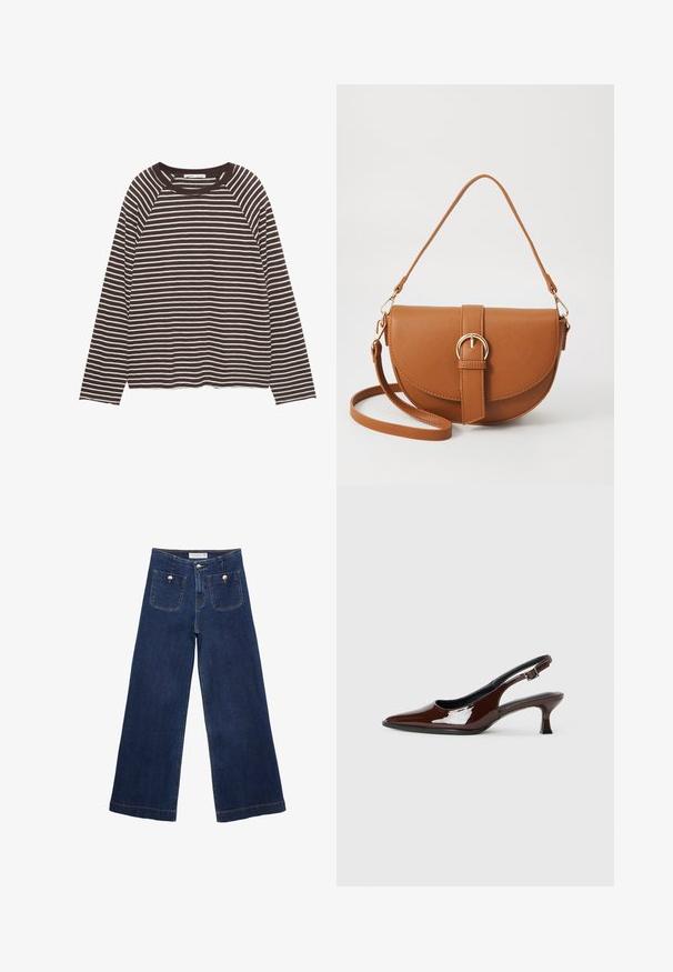 T-shirt a maniche lunghe a righe marroni e bianche, con un collo rotondo, vestibilità relax e una texture del tessuto morbida. L'orlo è dritto.; Pantaloni in denim a gamba larga blu scuro, con due tasche anteriori decorate con bottoni e orlo dritto.; Scarpa slingback in pelle verniciata marrone con punta affusolata e tacco moderato. Presenta una fascia con fibbia per una calzata sicura. Tessuto liscio.; Borsa a tracolla in pelle marrone con forma curvata, hardware dorato e un dettaglio con fibbia. Presenta una tracolla rimovibile.