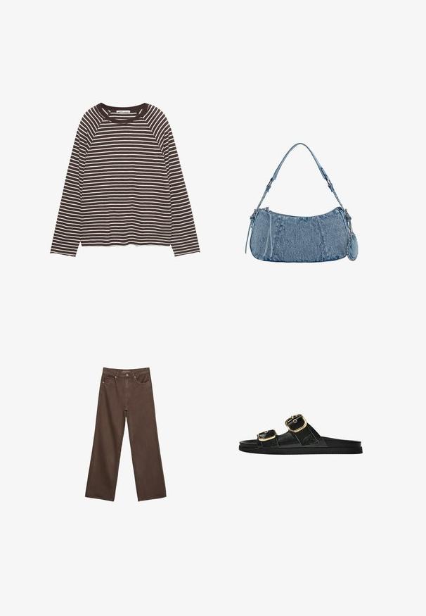 Dolga majica s long sleeves v rjavih in belih črtah, s krožnim izrezom, sproščenim krojem in mehkimi vlakni. Odklep je ravno obrežen.; Široke rjave kavbojke iz denima, ki imajo visok pas, sprednje žepe in klasično zapiranje na gumb. Gladka tekstura s subtilnim šivom.; Črne drsne sandale z dvema zlatima zaponkama, gladkega materiala, ravnim podplatom in minimalističnim dizajnom.; Denim torbica s zakrivljenim oblikom, svetlo modre barve, nastavljivim naramnicam in majhno odstranitveno torbico z metalnimi detajli.