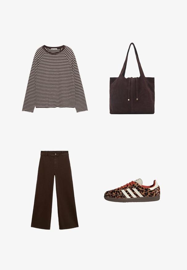 Tricou cu mânecă lungă, în dungi maro și alb, cu un guler rotund, croială lejeră și textură de stofă moale. Fata este tăiată drept.; Pantaloni largi maro dintr-un amestec de bumbac, cu un tiv desfăcut, închidere cu buton frontal și un design clasic cu cinci buzunare. Minimalist și versatil.; Adidași cu imprimeu de panteră, din material de suede, cu șireturi roșii și trei dungi albe pe lateral. Au un limbă de culoare crem și talpă maro.; Mango Geantă de pânză - dark brown