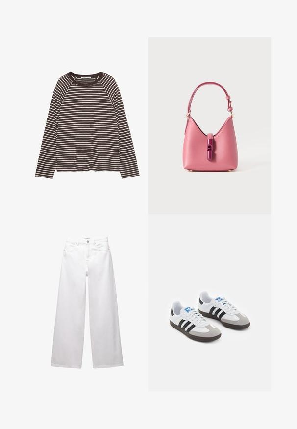 Langsleeve t-shirt in bruine en witte strepen, met een ronde halslijn, een ontspannen pasvorm en een zachte stoftextuur. De zoom is recht. ; Witte wijde denim jeans. Voorzien van een knoopsluiting, voor- en achterzakken, en gestikte naden. Soepele textuur met minimale details.; Sportschoenen met een witte leren bovenkant, grijze suède neus en drie zwarte strepen. Bevat een blauw logo op de tong en een gestructureerde rubberen zool.; Roze leren handtas met een gestructureerde vorm, voorzien van een glanzende sluiting en een enkele verstelbare schouderband. Getextureerde afwerking met gouden hardware.