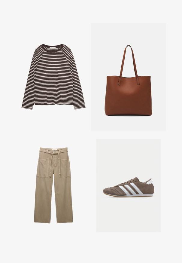 Barna és fehér csíkos, hosszú ujjú póló, kerek nyakkivágással, laza fazonnal és puha szövettextúrával. Az alja egyenes szabású.; Beige, széles szárú nadrág tartós anyagból, nagy elülső zsebekkel, fonott övvel és finom varrási részletekkel.; Barna velúr sportcipő fehér csíkokkal, kerek orral, fűzős kialakítással és gumitalppal. Textúrázott felsőrész varrási részletekkel.; Barna bőr vászontáska sima textúrával, nyitott tetejű dizájnnal és két vállpánttal. Minimális varrással és látható hardver nélkül készült.
