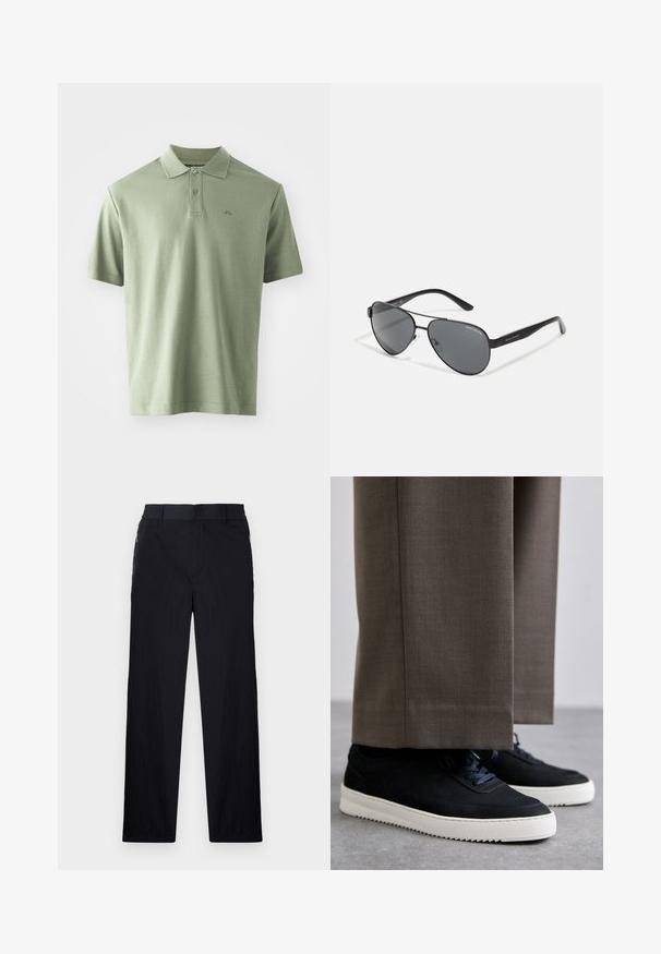 Jasnozielona koszulka polo wykonana z bawełny, z klasycznym kołnierzykiem, trzema guzikami i krótkimi rękawami. Delikatne logo nadrukowane na piersi.; Czarne spodnie wykonane z lekkiego, teksturowanego materiału, o prostym kroju, z elastycznym paskiem i bocznymi kieszeniami na zamek.; Czarne zamszowe sneakersy z białymi gumowymi podeszwami, z zaokrąglonym noskiem i sznurówkami, noszone z szarymi dopasowanymi spodniami.; Czarne okulary przeciwsłoneczne w stylu aviator z ciemnymi soczewkami, cienką metalową ramą i smukłymi plastikowymi zausznikami z akcentami logo.