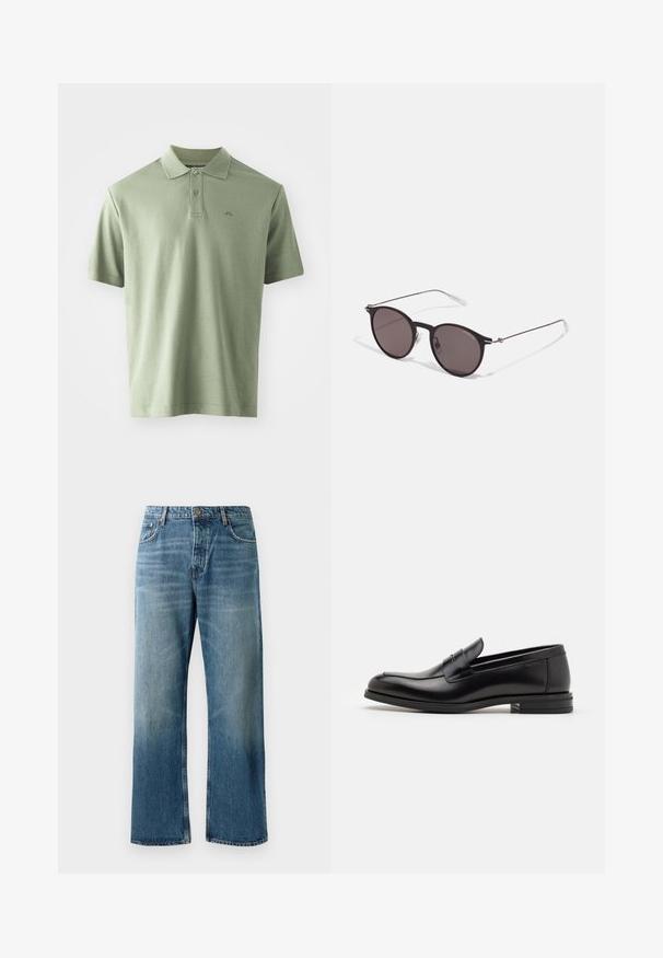 Gaiši zaļš polo krekls, kas izgatavots no kokvilnas, ar klasisku apkakli, trim pogām un īsām piedurknēm. Smalkais logo uzdrukāts uz krūškurvja.; Gaisni zilas plata kāju džinsi ar izbalējušu mazgāšanu, ar vienu pogu, piecām kabatām un kontrastējošiem šuvēm.; Melnas ādas kurpes ar gludu tekstūru, noapaļu purngalu un dekoratīvu siksniņu pāri priekšpusei. Zems sakrauts papēdis, minimālisma dizains.; Melni apaļi saulesbrilles ar tumšiem lēca un plānām metāla stangām. Iekļautas caurspīdīgas tempļu galviņas un sudraba akcenti pie eņģes. Minimalistisks dizains.