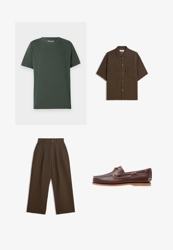Tmavě zelené bavlněné tričko s kulatým výstřihem, krátkými rukávy a volným střihem. Hladký povrch, bez vzorů nebo ozdob.; Krátký rukáv, tmavě hnědá košile z texturované látky. Má zapínání na knoflíky a dvě náprsní kapsy. Ležérní design s uvolněným střihem.; Hnědé skládací kalhoty s širokým střihem, vybavené zapínáním na knoflík a bočními kapsami, vyrobené z texturované tkaniny vhodné pro volnočasové nošení.; Hnědé kožené lodní boty s bílým prošíváním, hnědými tkaničkami a béžovou gumovou podrážkou. Obsahují logo na boku a kovové očka na tkaničky.
