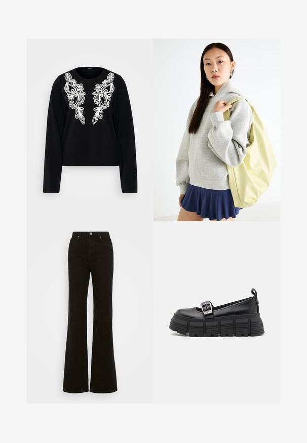 Fekete, hosszú ujjú felső, amelyen fehér, bonyolult hímzés található az elején, kerek nyakkivágással és testhez simuló szabással. Puha szövet textúra.; Magas derekú fekete trapéz farmer, gombos záródással, oldalsó zsebekkel és sima textúrával.; Fekete platform loaferek lekerekített orral, sima bőrből készült felsőrésszel, állítható csattal és vízszintes bordázattal ellátott gumitalppal.; Szürke, bő szabású kapucnis pulóver, kenguruzsebbel, egy navy kék, bővülő szoknyával párosítva. Kiegészítő: nagy, világos sárga hátizsák, sima textúrával.