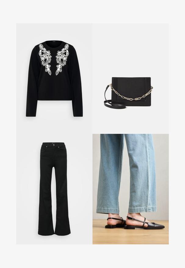 Juodas ilgomis rankovėmis viršus su balta sudėtinga siuvinėjimu priekyje, su apvaliu iškirpimu ir prigludusia siluetu. Minkšta audinio tekstūra.; Juodos plačios džinsinės kelnės, pagamintos iš denimo, su aukštu liemeniu, penkiomis kišenėmis ir metaliniu sagčių uždarymu. Lygi tekstūra su minimaliu dekoravimu.; Juoda odinė basutė su smailiu nosiu, plokščiu Kulnu ir kulkšnies dirželiu; derinama su šviesiai mėlynomis plačiomis džinsinėmis kelnėmis.; Juodas odinis per petį nešiojamas krepšys turi lygų paviršių, stačiakampio formą ir metalinę grandinėlę priekyje. Pridedama reguliuojama dirželis.