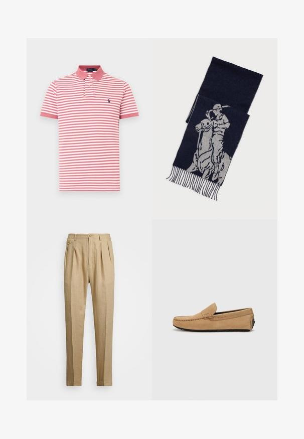 Īsām piedurknēm polo krekls ar mainīgām rozā un baltām svītrām, apkakles izgriezumu un nelielu tumši zilu logotipu kreisajā krūtīs. Izgatavots no kokvilnas materiāla.; Bēšas lina bikses ar taisnu griezumu, ar divām priekšējām krokām, pogu aizdari un sānu kabatām. Strukturēta auduma virsma ar gludu apdari.; Beidzīgas zamšas mokasīni ar izšūtu purngali, pieslīdēšanas dizains un melna gumijas zole. Satur nedaudz pamanāmu zīmolu uz sāna.; Tumši zils šalle ar pelēku grafiku, kurā attēlots polo spēlētājs uz zirga, ar frizētām malām.