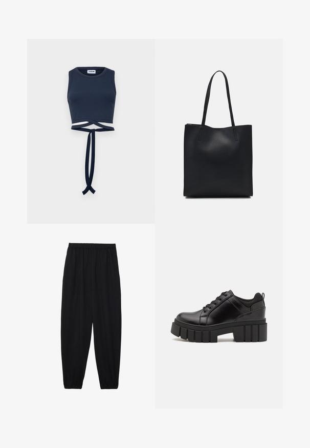 Mornarsko modra ožja majica brez rokavov, izdelana iz rebraste tkanine, z širokimi naramnicami in zvitim trakom v predelu pasu.; Črne, lahke hlače z elastičnim pasom in nabranimi gležnji. Tkanina je gladka in ima sproščen, taperiran dizajn.; Črne usnjene platforme z debelim blokastim petam, okroglo konico in klasičnim vezanjem. Imajo gladko teksturo in minimalne podrobnosti.; Črna usnjena torba s svilnato teksturo, pravokotne oblike in dvema dolgima ročajema. Brez vidnih metalnih delov ali okrasnih elementov.