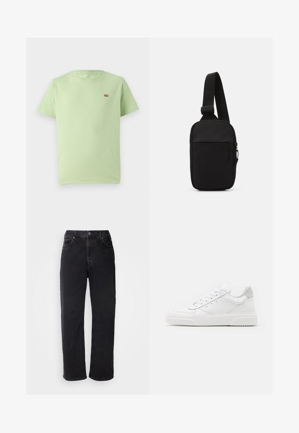 Svetlozelené bavlnené tričko s okrúhlym výstrihom, krátkymi rukávmi a malým červeným logom Levi's vyšitým na hornej ľavej strane hrude. Mäkka textúra.; Čierne džínsy z denimovej látky so rovný strihom, piatimi vreckami a kontrastným šitím. Obsahujú zapínanie na gombík a pútka na opasok na páse.; Biele kožené tenisky s hladkým povrchom, zaoblenou špičkou, plochými šnúrkami a textúrovanou podrážkou. Sivý semišový akcent na päte.; Čierna crossbody taška vyrobená z odolnej tkaniny, s jedným nastaviteľným popruhom, so zipsom na hlavnej priehradke a prednou kapsou.