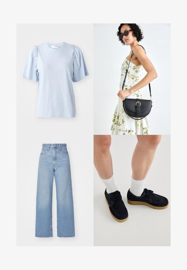 Gaiši zils īsām piedurknēm T-krekls, izgatavots no mīksta auduma, ar savilktiem detaļām plecos un apaļu aizdari kaklā.; Gaiši zili augstās jostas vidukļa platās bikses ar priekšējo pogu un rāvējslēdzēju, priekšējām un aizmugurējām kabatām uz baltā fona.; Tums zilas zamšādas kurpes ar apaļu purngalu, auklu aizdari un krēmkrāsas gumijas zoli. Apvienotas ar baltām ribotām apakšzālēm.; Melnas ādas rokassoma ar izliekta formu, noņemamu siksnu un zelta aksesuāriem. Somai ir vāciņš ar sprādzes detaļu.