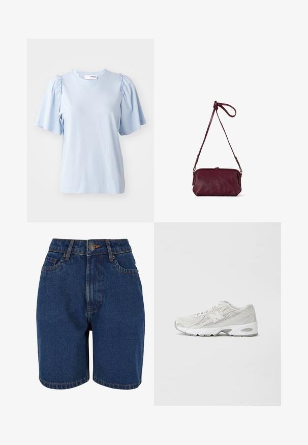 Šviesiai mėlynas trumpomis rankovėmis marškinėliai iš minkštos medžiagos, su raukšlėmis ant pečių ir apvaliu iškirpimu.; Džinsiniai šortai, turintys tamsiai mėlyną spalvą, aukštą liemenį, penkių kišenių dizainą ir kontrastingus oranžinius siūlus. Audinys atrodo tekstūruotas.; Lengvi bėgimo batai su tinklelio viršumi baltos spalvos, pilkų akcentų, pūkuota padu ir tekstūruotais paviršiais. Yra integruota raištelių sistema.; Bordo odinė skersinė rankinė su tekstūruotu paviršiumi, užtrauktuku ir reguliuojama rankena, pasižyminti kompaktiška stačiakampio forma.; Sidabriniai kabučiai dviejų dydžių; tekstūruotas dizainas su banginiu paviršiumi. Mažesni kabučiai virš didesnių, abu turi įtvarą.