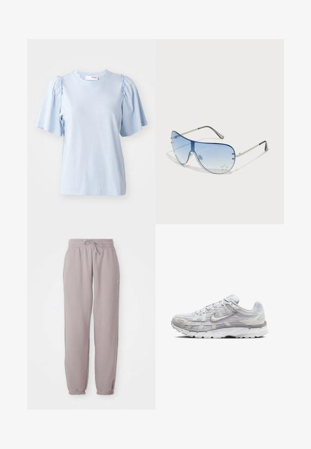 Camiseta de manga corta azul claro, hecha de una tela suave, con detalles fruncidos en los hombros y un escote redondo.; Pantalones de chándal de polar en color malva claro con cintura elástica, cordón ajustable, bolsillos laterales y puños elásticos, mostrados planos sobre un fondo blanco.; Zapatillas deportivas de color gris claro con una parte superior de malla y sintético, que cuentan con un cierre de cordones, collar acolchado y suela texturizada para mayor agarre.; Gafas de sol tipo aviador con lentes azul degradado, montura de metal plateado y acentos decorativos de estrellas en los lentes. Diseño suave y elegante.
