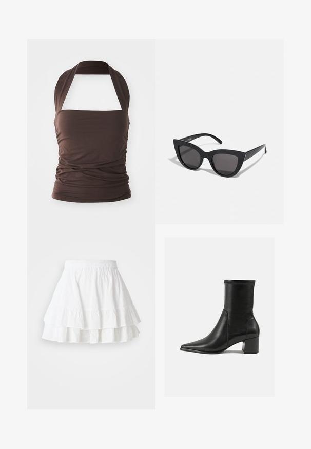 Brązowy top na ramiączkach wykonany z miękkiego, elastycznego materiału. Posiada dopasowaną górę i marszczoną strukturę, z szerokim projektem ramiączek na szyję.; Biała spódnica warstwowa wykonana z lekkiego materiału z wzorem z dziurkami i falbaną u dołu. Posiada elastyczny pas dla komfortu.; Czarny botek za kostkę wykonany z gładkiej skóry, z szpiczastym noskiem, słupkowym obcasem oraz wyraźnym podniesionym szwem na górnej krawędzi.; Czarne okulary przeciwsłoneczne w kształcie kociego oka z matowym wykończeniem, z szarymi soczewkami, ostrymi kątami i smukłymi bocznymi ramionami. Nazwa marki widoczna na wewnętrznej części ramienia.