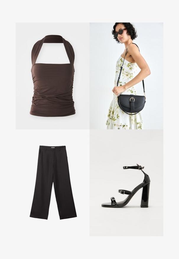 Hnědý top bez ramínek vyrobený z měkké, elastické tkaniny. Má přiléhavé tělo a nařasenou strukturu, s širokým designem popruhu pro krk.; Černé široké kalhoty vyrobené z hladké tkaniny, s předním zipem a dvěma bočními kapsami, s dobře padnoucím střihem a minimalistickým designem.; Černé lakované sandály na podpatku se čtveratou špičkou, lýtkovými pásky a stříbrnými přezkami. Disponují masivním blokovým podpatkem pro stabilitu.; Černá kožená kabelka s křivkovým tvarem, odnímatelným popruhem a zlatými detaily. Kabelka má klopu s přezkou.