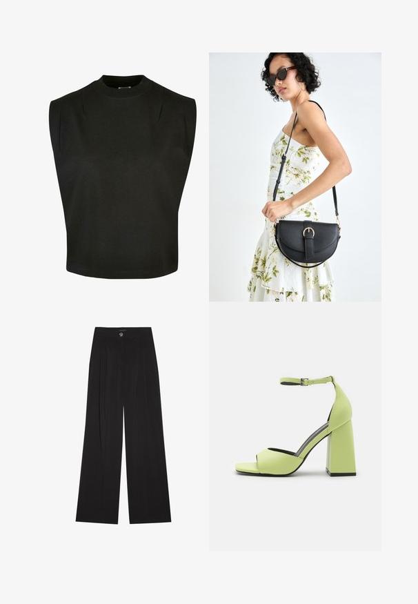 Crni bezrukavni top od pamuka s visokim izrezom, s izraženim ramenima i slobodnim krojem, održivim rubom i bez vidljivih uzoraka.; Crne široke hlače s plisama, s dugmetom za zatvaranje i dva bočna džepa; glatka tekstura s krojem.; Even&Odd Sandale s visokom petom - light green; Crna kožna torba s lukovitim oblikom, odvojivim remenom i zlatnim detaljima. Torba ima preklop s kopčom.