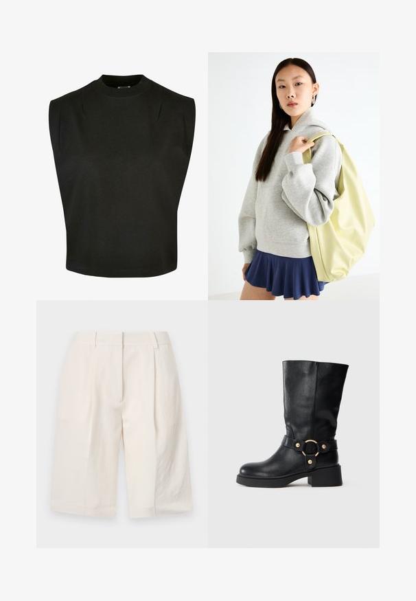 Fekete, ujjtalan, pamut felső, magas nyakkal, strukturált vállakkal és laza szabással, tiszta szegéllyel és látható minták nélkül.; Fehér vászon sort, igényes szabással, plisszírozott elülső résszel és széles lábszárakkal. Sima textúra és combközép hosszúság.; Fekete, félvádli bőrcipő vastag sarkal és díszítő pánttal, amelyen arany köralakú csat található, fehér háttéren.; Szürke, bő szabású kapucnis pulóver, kenguruzsebbel, egy navy kék, bővülő szoknyával párosítva. Kiegészítő: nagy, világos sárga hátizsák, sima textúrával.