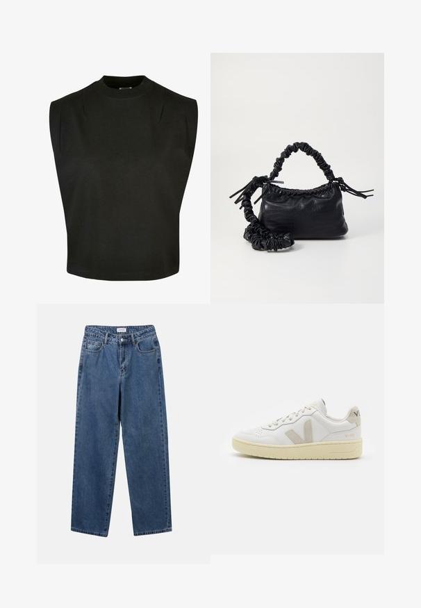 Must pooltükkide ja suletud kraega must puuvillane top, millel on struktureeritud õlad ja vabalt langemine, puhas serv ja nähtamatud mustrid.; Klassikalised sinised denimists teksad otsejalaga disainiga, viie taskuga ja nööbisuletusega. Omab keskmist pesu ja tugevat tekstuuri.; Valge nahast tenniseking, millel on beežist siidist aktsent ja aukudega varvas, lame paelad ja tekstureeritud koorevärvi tallad. Omab nüansirikast brändimist kannal.; Must must sünteetilisest nahast käekott, millel on krokodillimuster, kokku tõmmatav ülaosa ja kortsus rihm. Tundub pehme ja kompaktne disain.