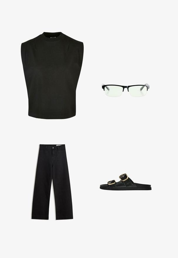 Svart ärmlös topp i bomull med hög halsringning, strukturerade axlar och lös passform, ren fåll och utan synliga mönster.; Svarta vida denimbyxor med hög midja, med fram- och bakfickor, sydda sömmar och knappstängning. Slät textur.; Svart glidsandal med två guldfärgad spännen, slät textur av material, platt sula och en minimalistisk design.; Svarta rektangulära glasögon med klara linser, med eleganta svarta bågar och grå genomskinliga tempelspetsar. Minimalistisk design, utan synlig varumärkeslogotyp.