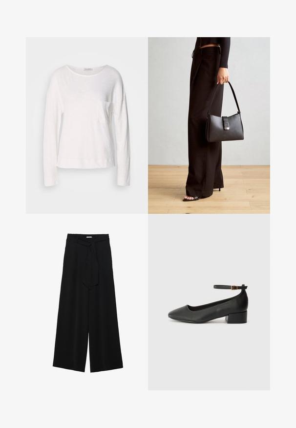 Hosszú ujjú, fehér felső, könnyű, texturált anyagból, kerek nyakkivágással és egy kis mellzsebbel. Az alja csípőszinten végződik.; Fekete, bő szárú nadrág, texturált anyagból, rugalmas derékpánttal és levehető sállal a derekán, amely állítható illeszkedést biztosít.; Fekete bőr magassarkú cipő hegyes orral és alacsony tömb sarkal. Bokapánttal rendelkezik, aranyszínű csattal. Simább textúra.; Fekete kézi táska strukturált formával, sima textúrával és fémből készült záródással. Széles fekete nadrággal és nyitott orrú szandállal párosítva, fából készült padlón.