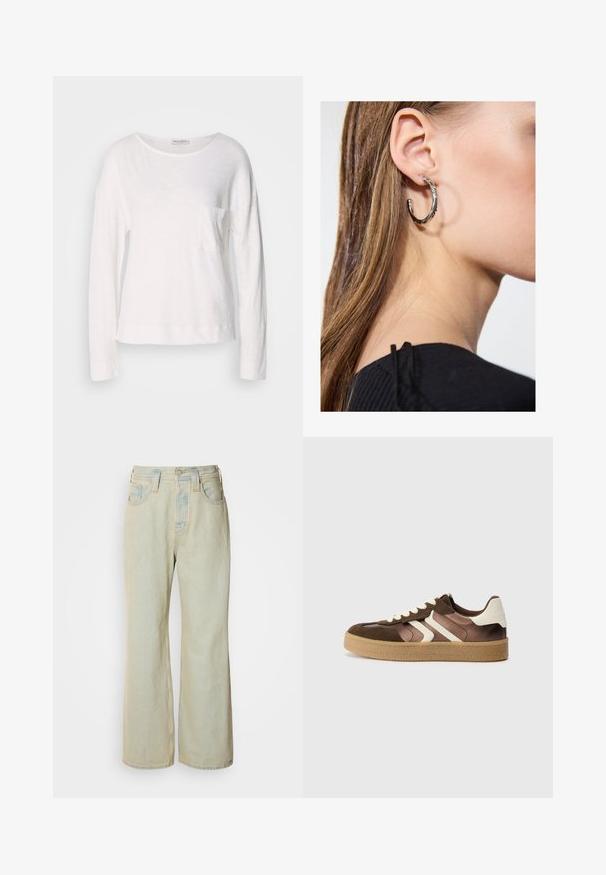 Bela majica s dolgimi rokavi, narejena iz lahkotnega, teksturiranega materiala, z okroglim izrezom in majhnim žepom na prsih. Rob se nahaja na višini bokov.; Svetlo modri široki kavbojki iz denima, z visokim pasom, petimi žepi in subtilnim zbledelostjo z kontrastnimi šivi.; Rjave in kremne športne copate iz kombinacije semiša in satena, s tremi diagonalnimi črtami in teksturirano gumijasto podplatom.; Srebrna obročasta uhana s polirano površino, ki vključuje majhne zlate poudarke in okroglo obliko, nošena na ušesnem lobu.