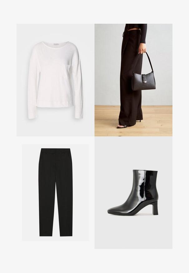 Dugi rukav bijela majica od lagane, teksturirane tkanine s okruglim izrezom i malim džepom na prsima. Rub sjedne na razini bokova.; Crne hlače s krojem po mjeri, s bočnim džepovima i ravnim nogavicama. Izrađene od glatkog, laganog materijala s elegantnim završetkom.; Crne lakirane kožne gležnjače s šiljastim prstom i srednje visokom blok petom. Glatka tekstura i minimalistički dizajn.; Crna torba s oblikom koji sadrži strukturu, glađu teksturu i metalnu kopču. Uparena s širokim crnim hlačama i sandalama na otvorenom s drvenog poda.