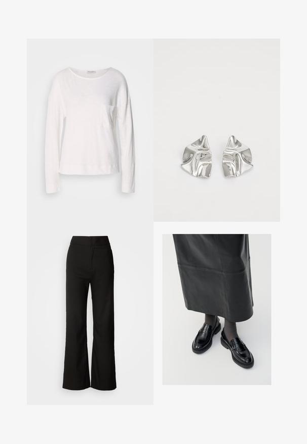 Hosszú ujjú, fehér felső, könnyű, texturált anyagból, kerek nyakkivágással és egy kis mellzsebbel. Az alja csípőszinten végződik.; Fekete, bő szárú nadrág sima textúrával, magas derékkal és letisztult dizájnnal. Nincs látható zseb vagy díszítés.; Fekete bőr loafer cipők sima felülettel, díszítő pánttal, kerek orral és texturált talppal. Hosszú fekete bőr szoknyával viselve.; Ezüst fém fülbevalók hullámos, szobrászati kialakítással, fényes felülettel és szabálytalan formákkal, amelyek a kortárs esztétikát hangsúlyozzák.