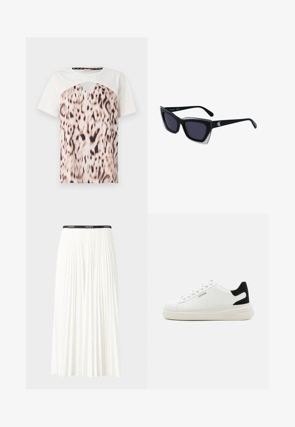 Kurzarm-T-Shirt mit einem weißen Oberteil und einem unteren Abschnitt im Leopardenmuster in Beige- und Schwarztönen, mit einem Ausschnitt-Detail im Halsbereich.; Faltenrock aus Weiß mit einem schwarzen elastischen Bund, der das "LACOSTE"-Logo trägt. Mittellanges Design mit weicher Textur.; Weiße Leder-Sneaker mit einer dicken weißen Sohle, schwarzem Wildlederakzent an der Ferse und geprägtem Logo an der Seite. Schnürdesign mit sechs Ösen.; Schwarze übergroße Sonnenbrille mit geometrischer Form, ausgestattet mit dunklen Gläsern und einem kontrastierenden grauen Detail im Rahmen. Logo am Bügel.