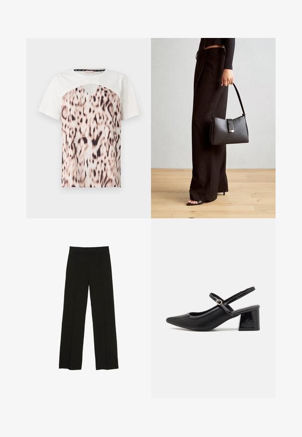 Korte mouwen T-shirt met een witte bovenkant en een ondergedeelte in luipaardprint in tinten van beige en zwart, met een uitgesneden halslijn detail.; Zwarte wijde pantalon gemaakt van een soepele stof, met een aansluitende tailleband en subtiele plooien aan de voorkant voor extra textuur.; Zwarte gepolijste leren slingback hakken met een spitse neus, een ronde uitsnede en een blokhak. Voorzien van een gouden gespaccent.; Zwarte handtas met gestructureerde vorm, gladde textuur en een metalen sluiting. Gecombineerd met brede zwarte broeken en sandalen met open teen op een houten vloer.