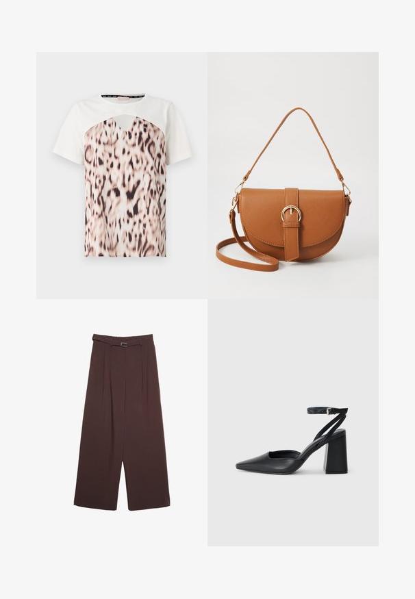 Tričko s krátkym rukávom s bielym vrchom a spodnou časťou s leopardím vzorom v odtieňoch béžovej a čiernej, s výrezom na krku.; Stradivarius WIDE-LEG WITH BUCKLE DETAIL - Nohavice - dark brown; Čierne kožené lodičky s špicatou špičkou a členkovým remienkom, s masívnym podpätkom. Hladký povrch, elegantný dizajn a minimalistická estetika.; Hnedá kožená kabelka cez telo s zakriveným tvarom, zlatými kovovými doplnkami a akcentom s prackou. Obsahuje odnímateľný ramenný popruh.