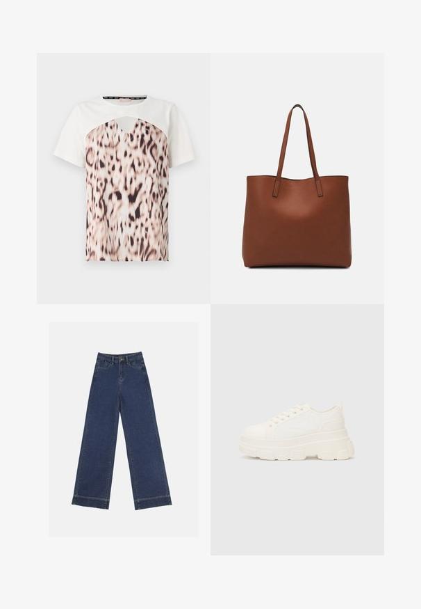 Kurzarm-T-Shirt mit einem weißen Oberteil und einem unteren Abschnitt im Leopardenmuster in Beige- und Schwarztönen, mit einem Ausschnitt-Detail im Halsbereich.; Weite Jeans in dunkelblauem Denim. Verfügt über fünf Taschen, Gürtelschlaufen und einen rohen Saum am unteren Ende mit sichtbaren Nahtdetails.; Weiße Leinensneaker mit einer massiven Sohle, abgerundeter Spitze und fünf Ösen für Schnürsenkel. Hinterer Tab für ein einfaches Anziehen. Glatte Textur, minimalistisches Design.; Braune Leder-Tote mit glatter Textur, offenem Oberteil und zwei Schulterriemen. Verfügt über minimale Nähte und keine sichtbaren Beschläge.