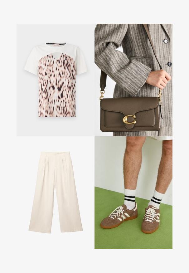 T-shirt s kratkimi rokavi z belim zgornjim delom in spodnjim delom z leopardskim vzorcem v odtenkih bež in črne, ki ima detajl izreza na vratu.; Široke hlače v svetlo bež barvi z mehkega, teksturiranega materiala. Imajo sprednje gube in elastičen pas za sproščen videz.; Rjavi semiš športni čevlji z belimi detajli in vezalkami. Gumijast podplat. Nošeni z belimi nogavicami z črnimi črtami. Zelena teksturirana talna obloga.; COACH TABBY SHOULDER BAG 26 - Torbica - dark stone; Zlati verižni ogrlice z podolgovatimi, pravokotnimi členki. Nosi se preko črne srajce z čipkastim ovratnikom, kar razkriva gladko, polirano končno obdelavo.