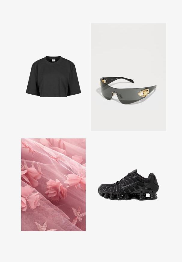 Zkrácené černé tričko vyrobené z bavlny, s volným střihem, krátkými rukávy a žebrovaným kulatým výstřihem. Žádné viditelné vzory ani akcenty.; Růžová tylová látka s květinovými aplikacemi a výšivkami ve tvaru listů, s jemnou, průhlednou texturou a víc vrstveným vzhledem.; Černá sportovní bota s síťovaným svrškem a lesklými detaily. Má zakřivené odpružení z pružin a texturované linie na straně. Viditelné logo Nike.; Tmavě šedé sluneční brýle s elegantním, zakřiveným designem. Mají zlatě tónované akcenty lva po stranách a lesklý černý rám.