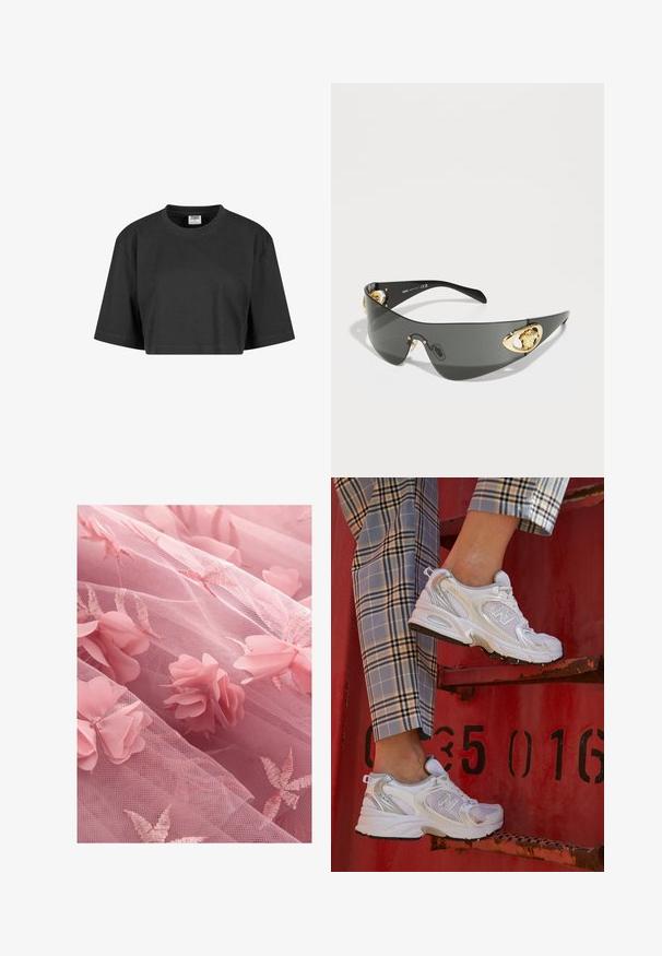 Izgriezta melna T-kreklu, kas izgatavota no kokvilnas, ar brīvu piegriezumu, īsām piedurknēm un ribots kakla izgriezums. Nav redzamu rakstu vai akcentu.; Rozā tilla audums ar ziedu aplikācijām un izšūtiem lapu rakstiem, ar maigu, caurspīdīgu tekstūru un slāņotu izskatu.; Baltas režģa sporta apavi ar sudraba akcentiem un teksturētu zoli, novietoti uz sarkanas virsmas, kombinēti ar kostīmpantaloniem ar kvadrātiem.; Tumši pelēki saules brilles ar elegantu, izliekta dizaina formu. Tām ir zelta toņa lauvas akcenti sānos un spīdīgs melns rāmītis.