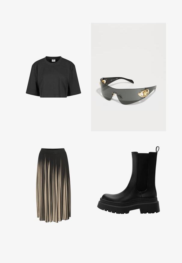 Przecięta czarna koszulka wykonana z bawełny, o luźnym kroju, krótkich rękawach i prążkowanym okrągłym dekolcie. Brak widocznych wzorów lub akcentów.; Plisowana spódnica midi w kolorze czarnym i beżowym z wysokim, elastycznym pasem, z pionowymi paskami i swobodnym krojem, który umożliwia ruch.; Czarne skórzane botki Chelsea z elastycznymi panelami po bokach, masywną gumową podeszwą oraz okrągłym czubkiem. Teksturowane i gładkie wykończenie.; Ciemnoszare okulary przeciwsłoneczne o smukłym, zakrzywionym kształcie. Posiadają złote akcenty w kształcie lwa po bokach oraz błyszczący czarny front.