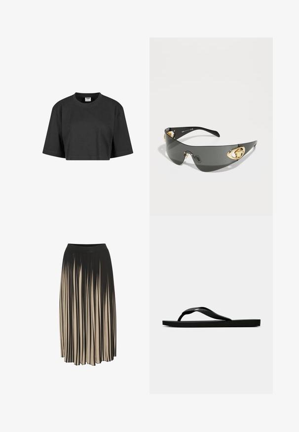 Tricou negru scurt, confecționat din bumbac, cu o croială lejeră, mâneci scurte și un guler rotund ribatat. Fără modele sau accente vizibile.; Fustă midi plisată, neagră și bej, cu un tiv elastic înalt, având dungi verticale și un design fluid pentru o mișcare liberă.; Sandala flip-flop din cauciuc negru, cu un bretele texturat și o talpă simplă și plată, prezentată din lateral pe un fundal simplu și deschis.; Ochelari de soare gri închis cu un design elegant și curbat. Prezintă accente cu ton de aur în formă de leu pe laterale și un cadru negru lucios.