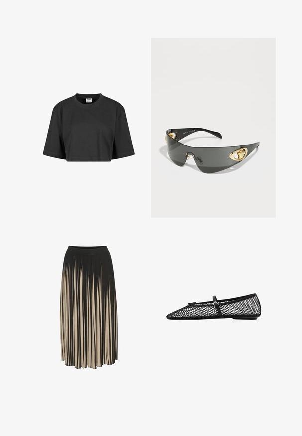 Strihnuté čierne tričko vyrobené z bavlny, s voľným strihom, krátkymi rukávmi a rebrovaným kulatým výstrihom. Bez viditeľných vzorov alebo akcentov.; Pružná plisovaná midi sukňa v čiernej a béžovej farbe s vysokým elastickým pásom, zdobená vertikálnymi pruhmi a voľným dizajnom pre pohodlný pohyb.; Čierne sieťované baletky s špicatou špičkou, dekoratívnym remienkom a jemným akcentom. Majú otvorený sieťový dizajn a plochú podrážku.; Tmaš grey slnečné okuliare s hladkým, zakriveným dizajnom. Obsahujú zlaté akcenty leva po stranách a lesklý čierny rám.