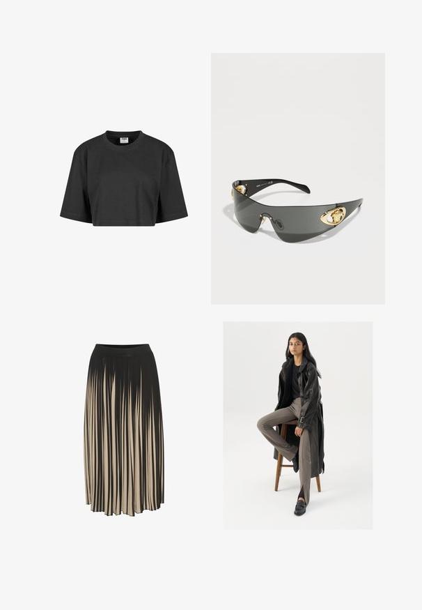 Trumpas juodas marškinėliai pagaminti iš medvilnės, su laisvu siluetu, trumpomis rankovėmis ir raukinėta apykakle. Nėra matomų raštų ar akcentų.; Juoda ir smėlio spalvos plisuota midi sijonas su aukštu elastingu juosmeniu, pasižymintis vertikaliomis juostelėmis ir laisvu dizainu, leidžiančiu judėti.; Juodas odinis ilgas paltas su mygtukais ir diržo detalėmis, derinamas su šviesiai rudomis prigludusiomis kelnėmis ir juodais loaferiais, sėdintis ant medinės taburetės.; Tamsiai pilki akinių nuo saulės su stilingu, išlenktu dizainu. Šonuose turi auksinės spalvos liūtų akcentus ir blizgiu juodu rėmu.