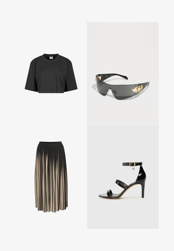 Przecięta czarna koszulka wykonana z bawełny, o luźnym kroju, krótkich rękawach i prążkowanym okrągłym dekolcie. Brak widocznych wzorów lub akcentów.; Plisowana spódnica midi w kolorze czarnym i beżowym z wysokim, elastycznym pasem, z pionowymi paskami i swobodnym krojem, który umożliwia ruch.; Czarne lakierowane sandały na paski z trzema paskami, zapięciem na kostce i 10-centymetrowym obcasem w szpilce. Zawierają złote detale oraz zawieszkę z logo.; Ciemnoszare okulary przeciwsłoneczne o smukłym, zakrzywionym kształcie. Posiadają złote akcenty w kształcie lwa po bokach oraz błyszczący czarny front.; Czarna skórzana torebka w zakrzywionym kształcie, z srebrnymi ćwiekami, klamrą i dwoma bocznymi kieszeniami. Regulowany pasek umożliwiający różne opcje noszenia.